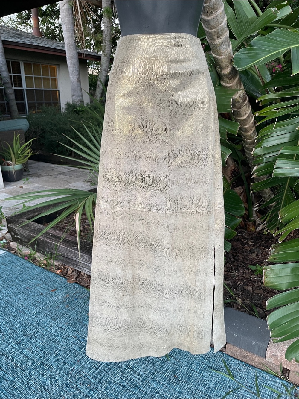 Metallic Gold snake print leather  Maxi Skirt with Side Slit